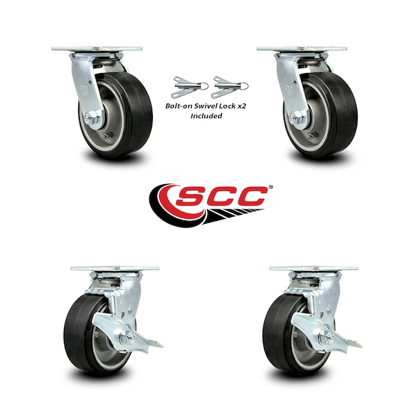 Service Caster 5 Inch Rubber on Aluminum Caster Set with Roller Bearings 2 Swivel Lock 2 Brake SCC-30CS520-RAR-BSL-2-TLB-2 - main